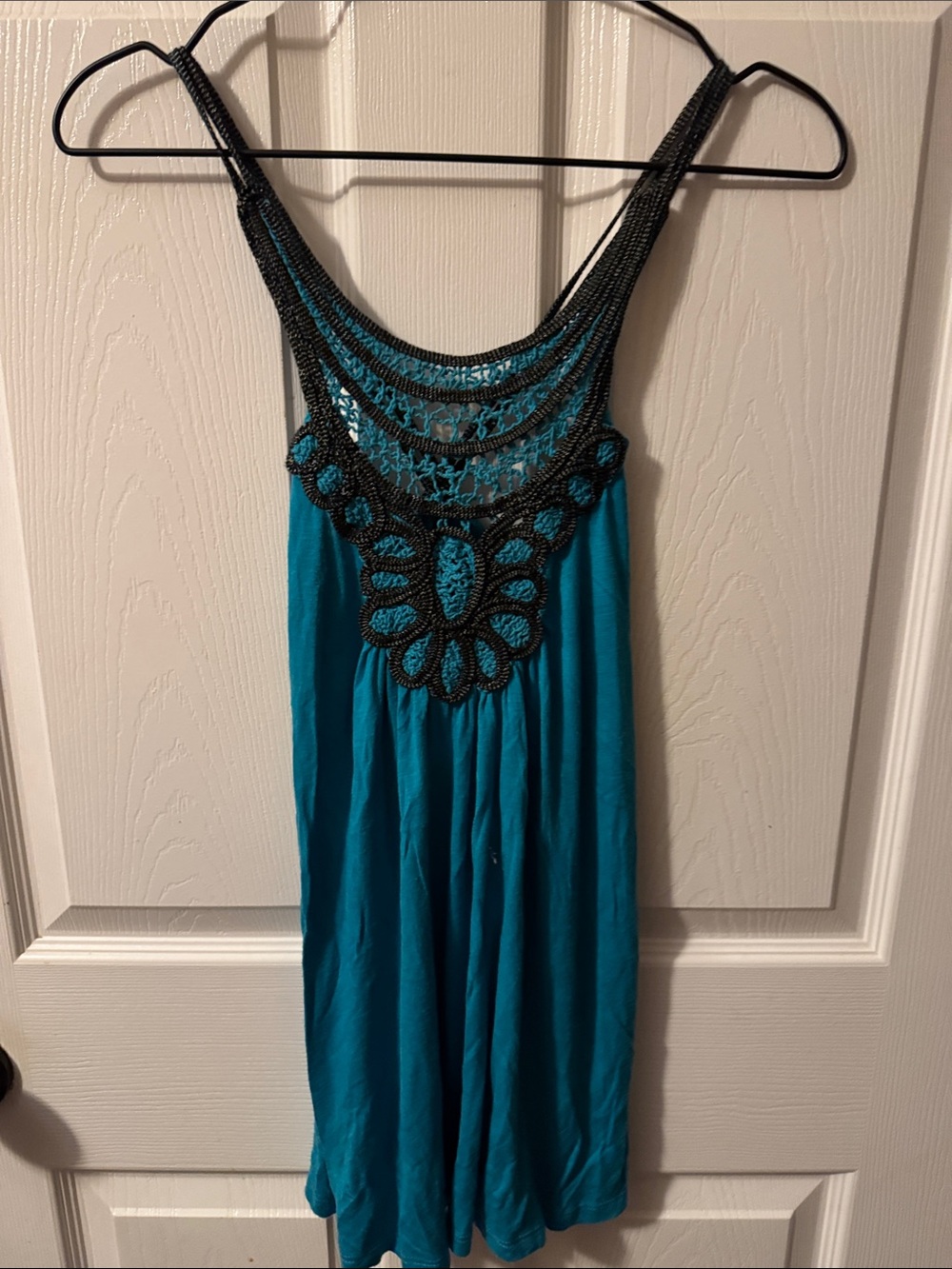 Teal Tank Dress with Black Crochet Yoke
